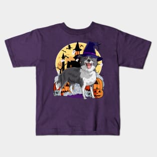 Border Collie Scary Halloween Witch Pumpkin Kids T-Shirt